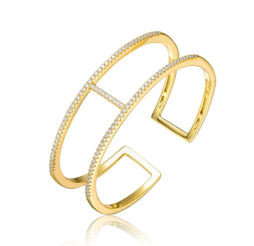 Lab Created Sterling Silver 14K Gold Plated Clear Cubic Zirconia 2-Row Cuff Bracelet