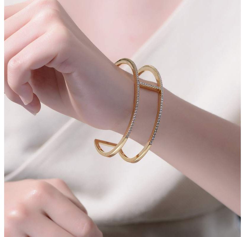 Lab Created Sterling Silver 14K Gold Plated Clear Cubic Zirconia 2-Row Cuff Bracelet