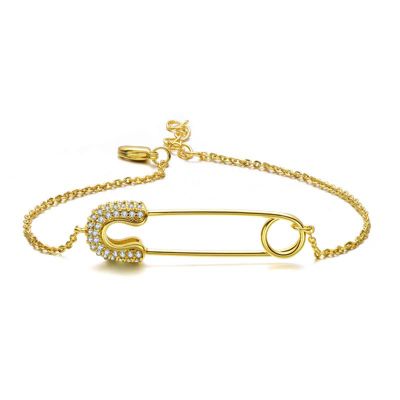 Rozzato Lab Created Sterling Silver 14K Gold Plated Clear Cubic Zirconia Pin Adjustable Bracelet