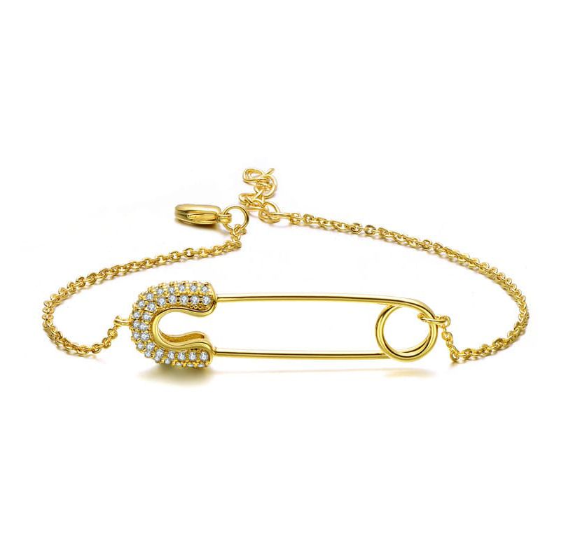 Lab Created Sterling Silver 14K Gold Plated Clear Cubic Zirconia Pin Adjustable Bracelet