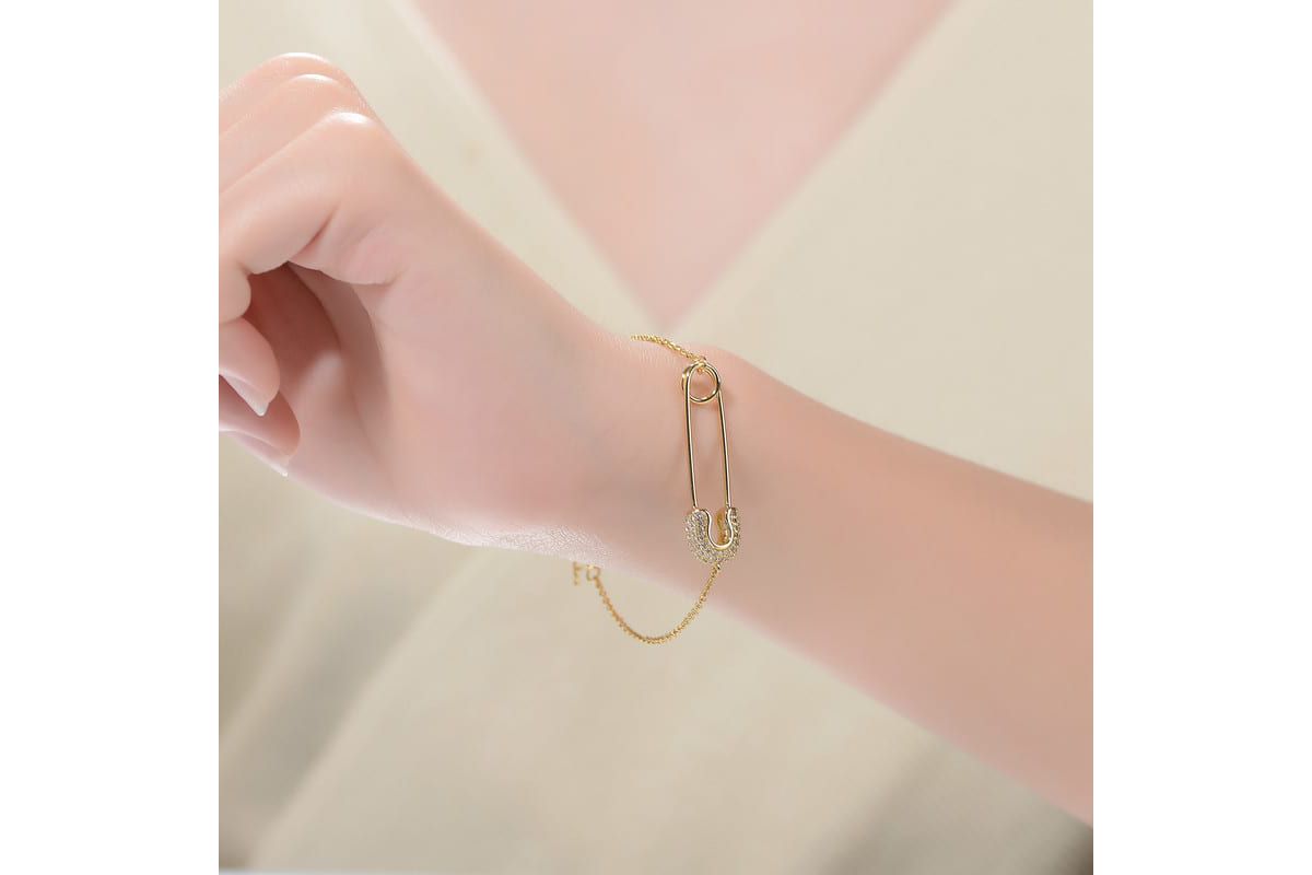 Lab Created Sterling Silver 14K Gold Plated Clear Cubic Zirconia Pin Adjustable Bracelet