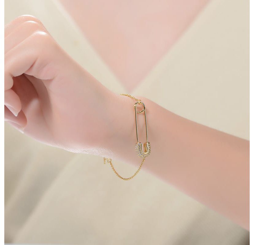 Lab Created Sterling Silver 14K Gold Plated Clear Cubic Zirconia Pin Adjustable Bracelet