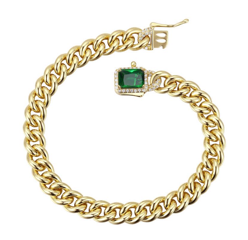Lab Created Luxurious Sterling Silver Curb Chain Bracelet with 14k Gold Plated Cubic Zirconia Halo Cluster