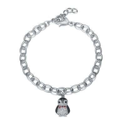 Rozzato Lab Created White Gold Plated with Ruby Red, Black and White Cubic Zirconia Penguin Charm Bracelet in Sterling Silver