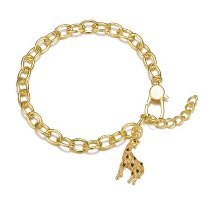 Rozzato Lab Created 14k Gold Plated with Fancy Cubic Zirconia Giraffe Dangle Charm Bracelet in Sterling Silver