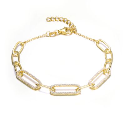 Rozzato Lab Created Sterling Silver Teens 14k Gold Plated with Cubic Zirconia French Pave Slinky Oval Cable Link Bracelet - Adjustable in Length