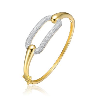 Rozzato Lab Created Sterling Silver 14k Yellow Gold Plated with Cubic Zirconia French Pave Geometric Link Bangle Bracelet