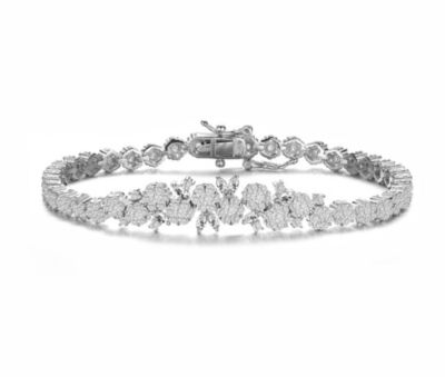 Rozzato Lab Created Sterling Silver White Gold Plated with Clear Round Cubic Zirconia Flower Design Tennis Bracelet