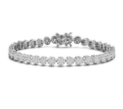 Rozzato Lab Created Sterling Silver White Gold Plated with Clear Marquise and Round Cubic Zirconia Flower Design Tennis Bracelet, 7 in