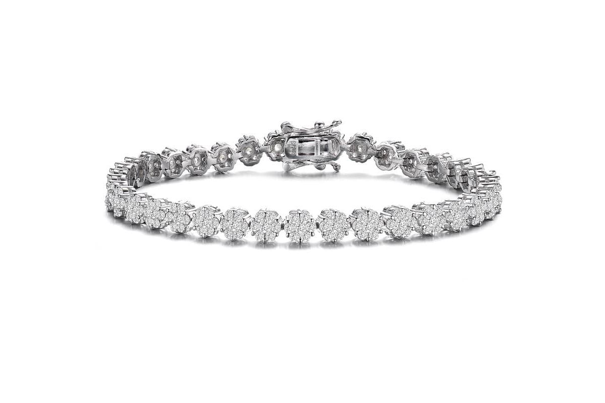 Lab Created Sterling Silver White Gold Plated with Clear Marquise and Round Cubic Zirconia Flower Design Tennis Bracelet