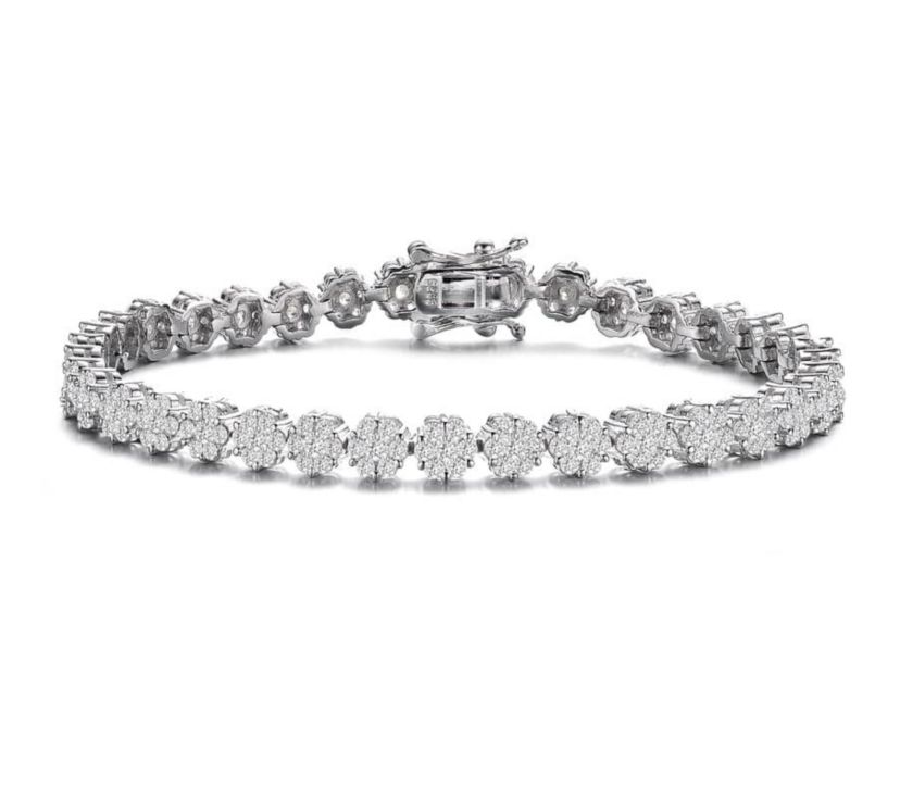 Lab Created Sterling Silver White Gold Plated with Clear Marquise and Round Cubic Zirconia Flower Design Tennis Bracelet