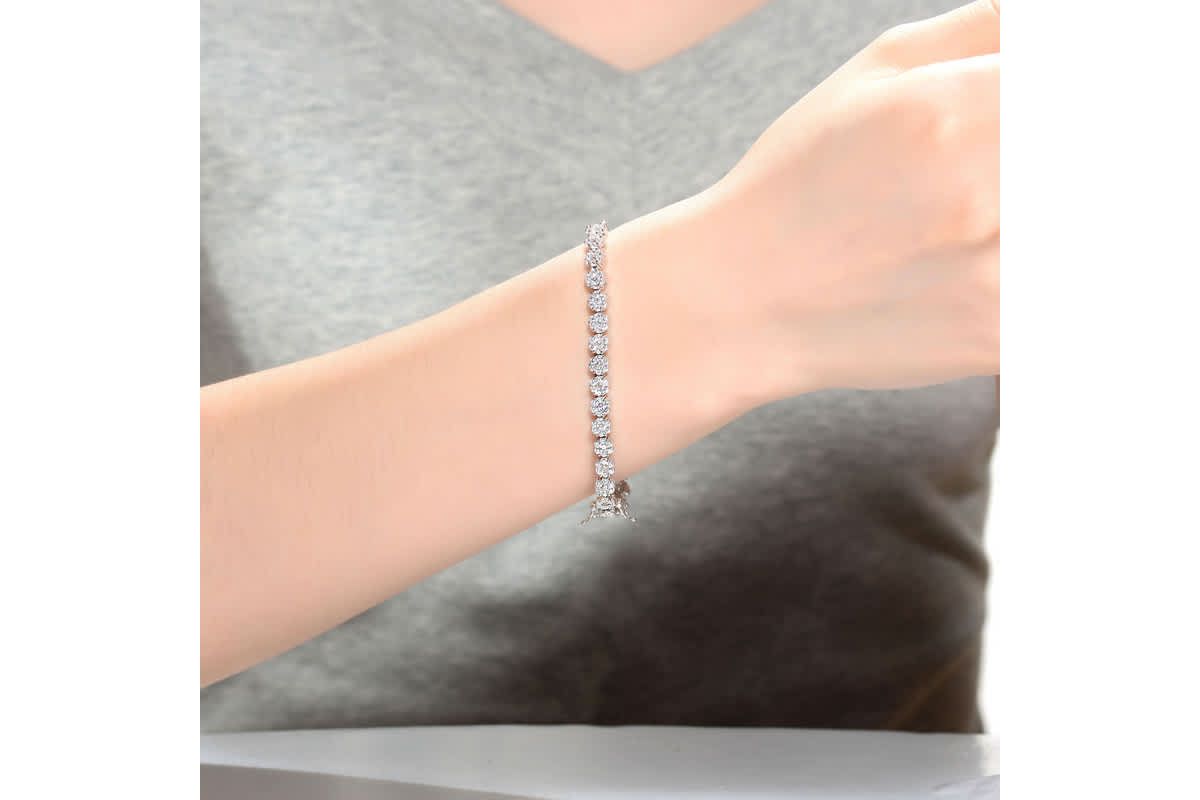 Lab Created Sterling Silver White Gold Plated with Clear Marquise and Round Cubic Zirconia Flower Design Tennis Bracelet