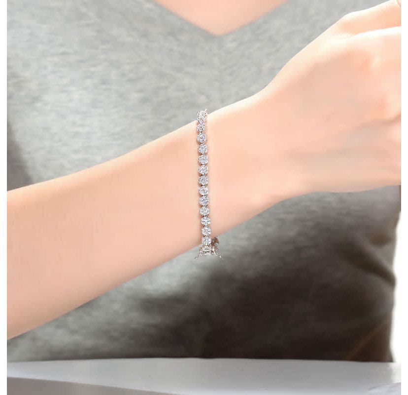 Lab Created Sterling Silver White Gold Plated with Clear Marquise and Round Cubic Zirconia Flower Design Tennis Bracelet