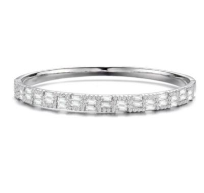 Rozzato Lab Created Sterling Silver White Gold Plated with Clear Round and Emerald Cubic Zirconia Two-Row Accent Bangle Bracelet