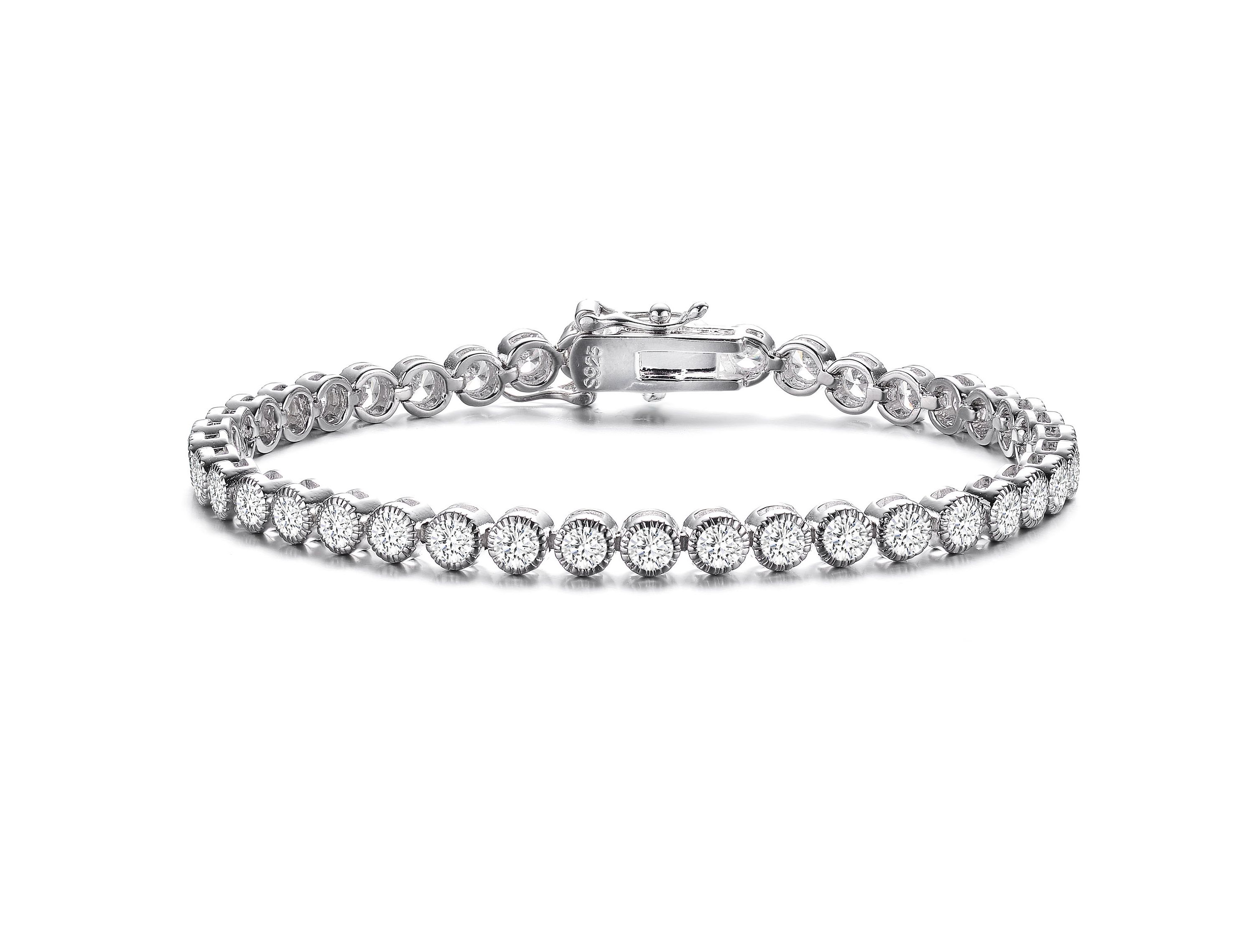 Lab Created Stylish Sterling Silver White Gold Plated with Clear Round Cubic Zirconia Milgrain Bezel Tennis Bracelet