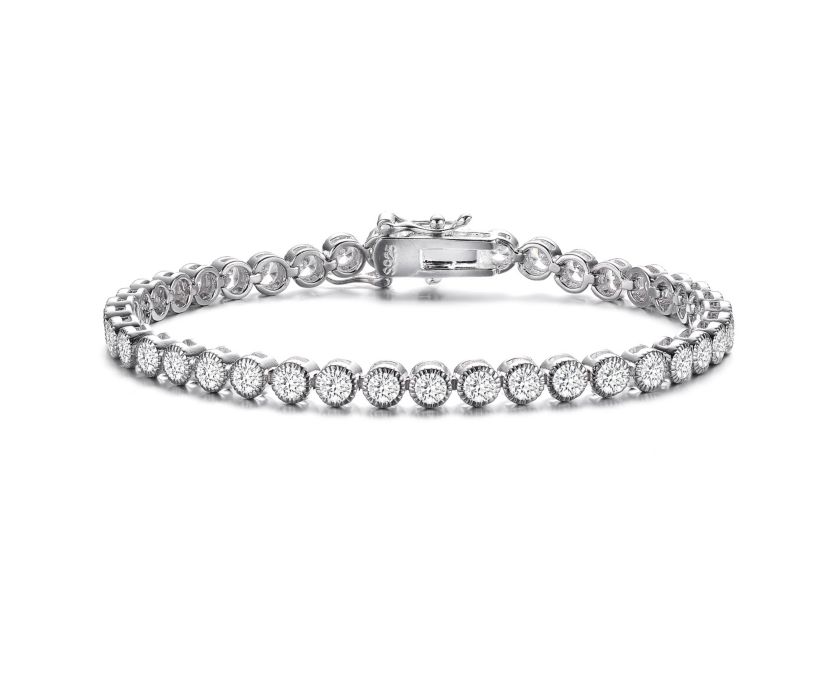 Lab Created Stylish Sterling Silver White Gold Plated with Clear Round Cubic Zirconia Milgrain Bezel Tennis Bracelet