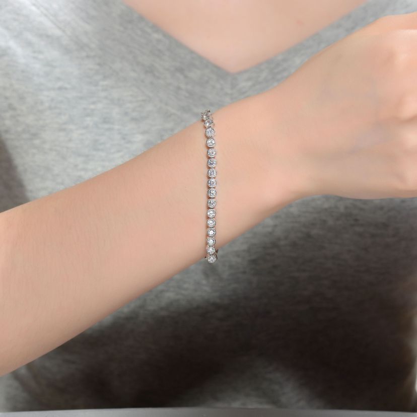 Lab Created Stylish Sterling Silver White Gold Plated with Clear Round Cubic Zirconia Milgrain Bezel Tennis Bracelet