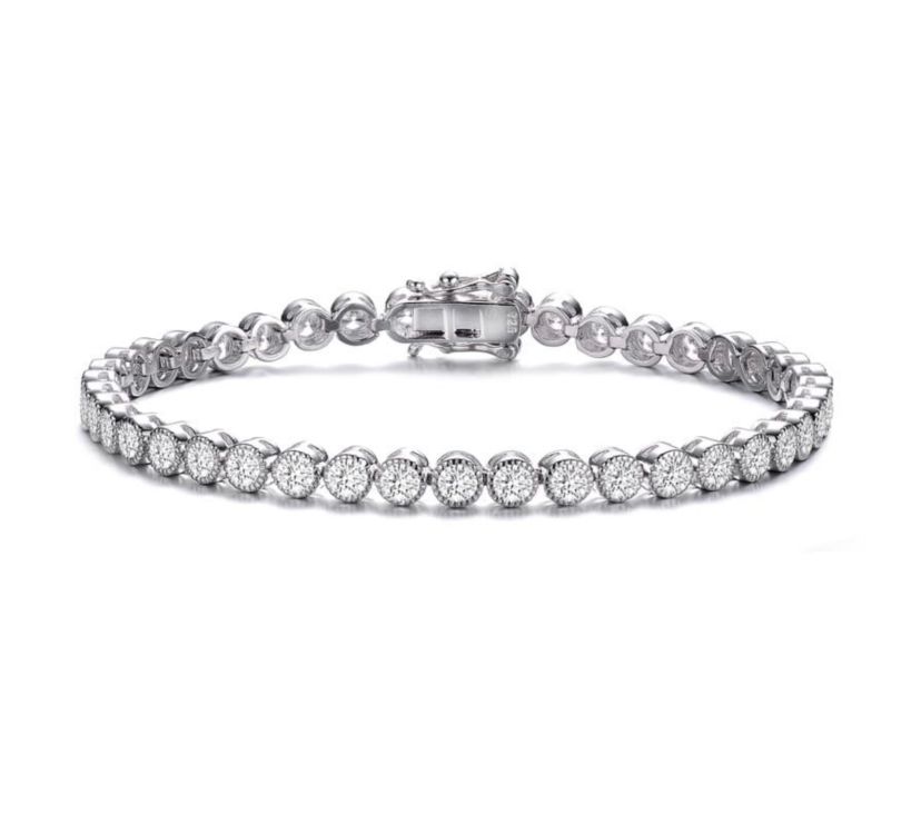 Lab Created Sterling Silver White Gold Plating with Clear Bezel Set Round Cubic Zirconia Tennis Bracelet