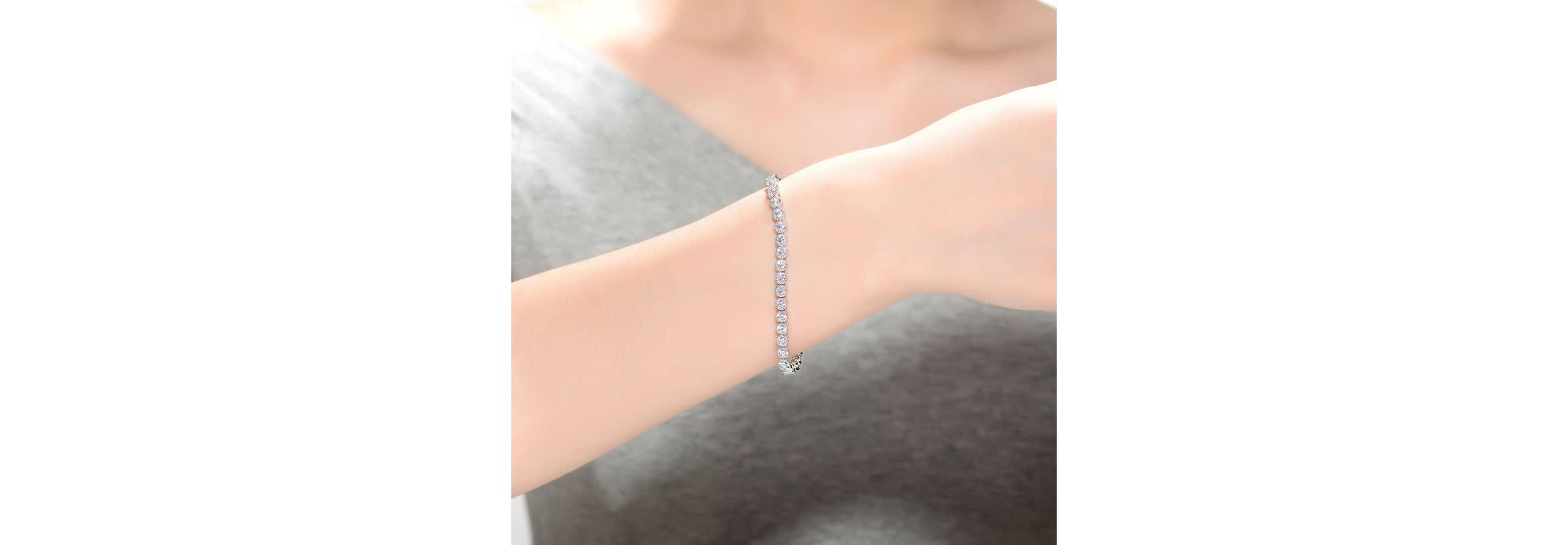 Lab Created Sterling Silver White Gold Plating with Clear Bezel Set Round Cubic Zirconia Tennis Bracelet