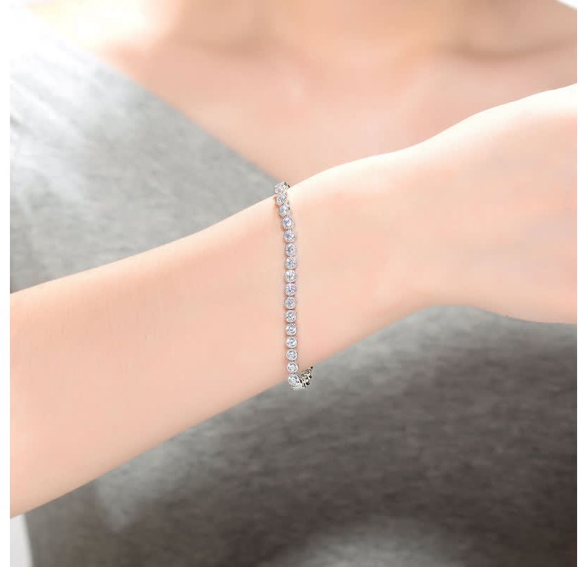 Lab Created Sterling Silver White Gold Plating with Clear Bezel Set Round Cubic Zirconia Tennis Bracelet