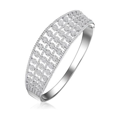 Rozzato Lab Created Sterling Silver White Gold Plated with Clear Round Cubic Zirconia Flower Style Bangle Bracelet