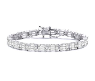 Rozzato Lab Created Sterling Silver White Gold Plated with Clear Round Cubic Zirconia Cluster Rectangular Link Bracelet