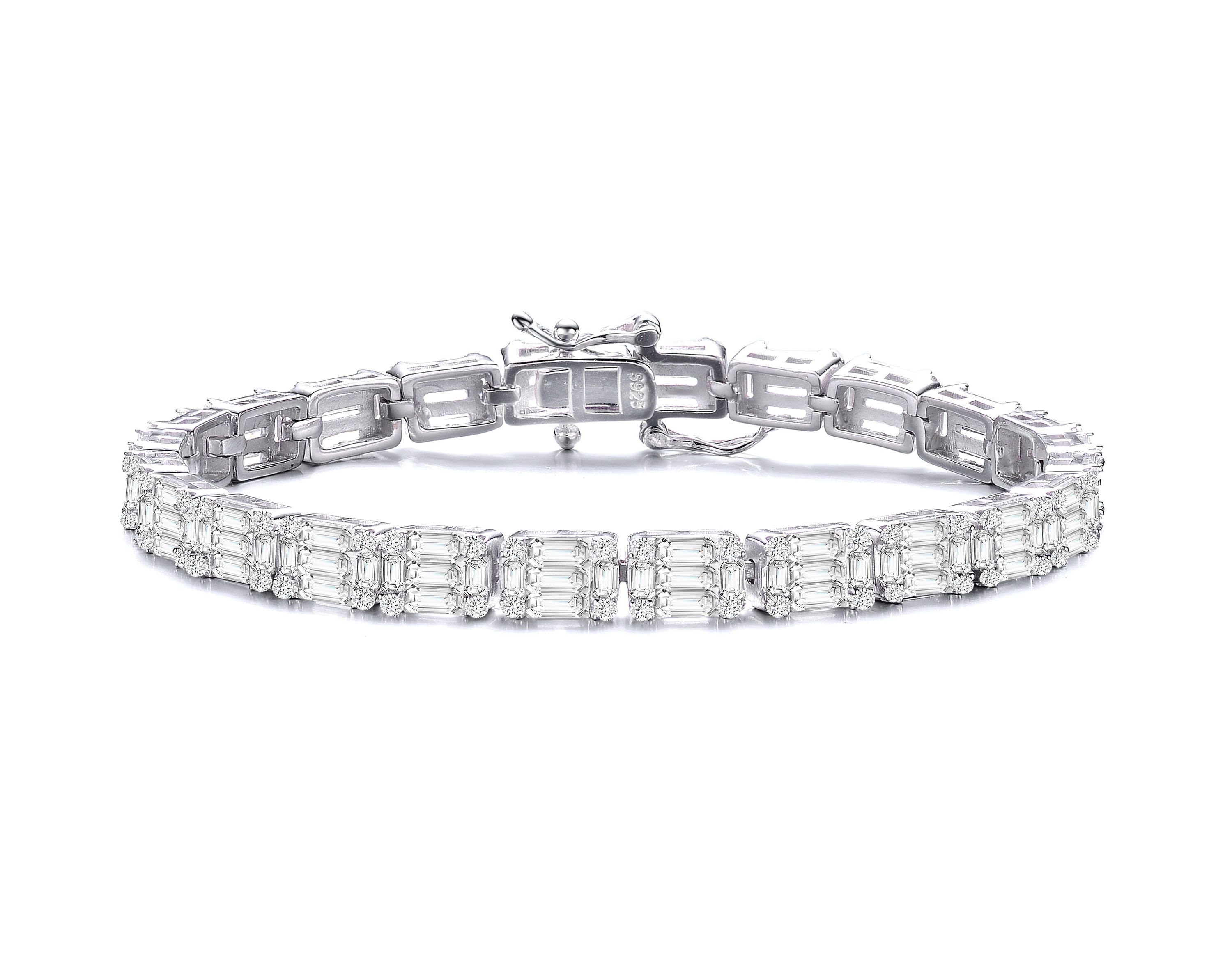 Lab Created Sterling Silver White Gold Plated with Clear Round Cubic Zirconia Cluster Rectangular Link Bracelet