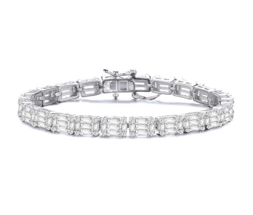 Lab Created Sterling Silver White Gold Plated with Clear Round Cubic Zirconia Cluster Rectangular Link Bracelet