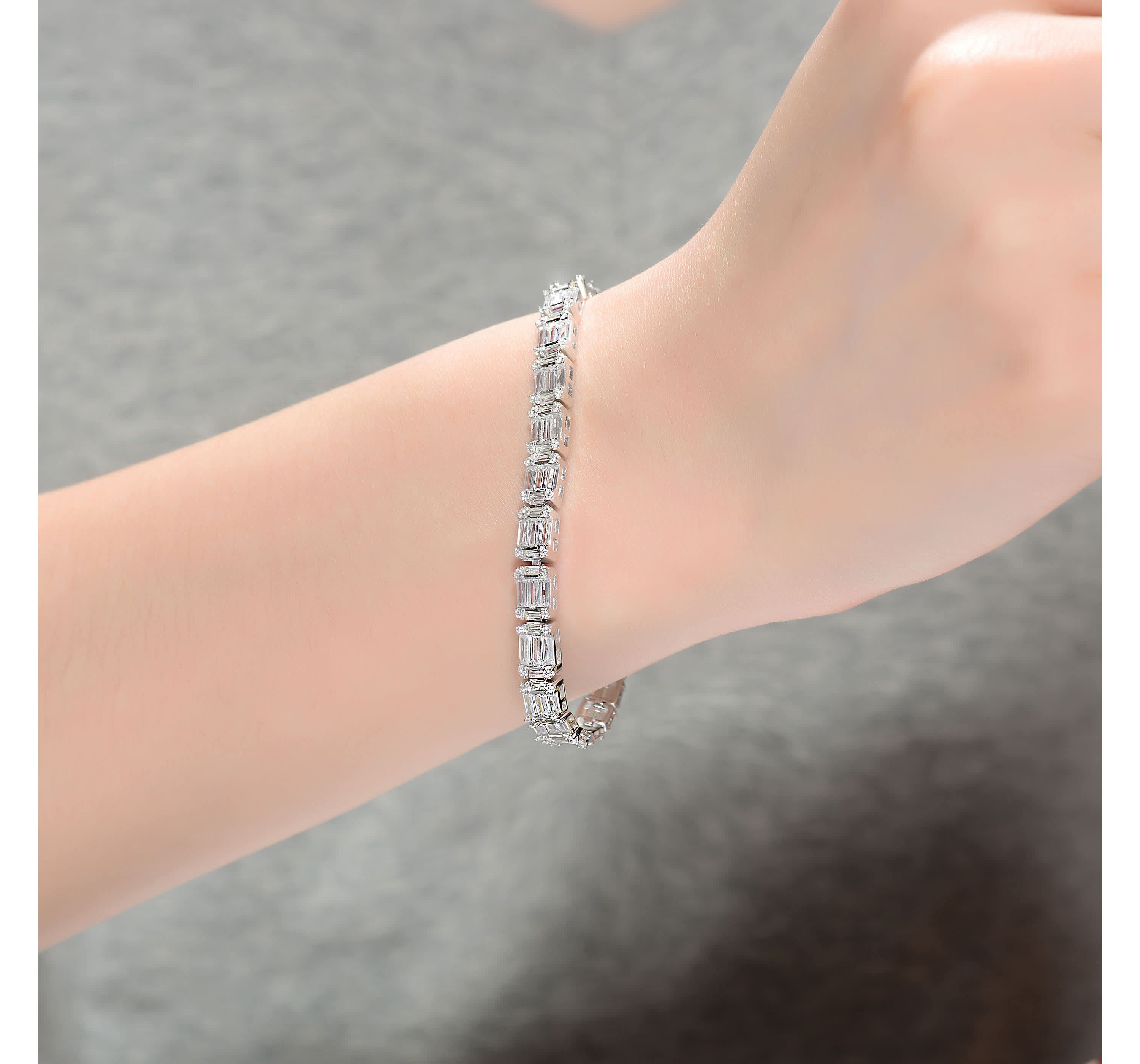 Lab Created Sterling Silver White Gold Plated with Clear Round Cubic Zirconia Cluster Rectangular Link Bracelet