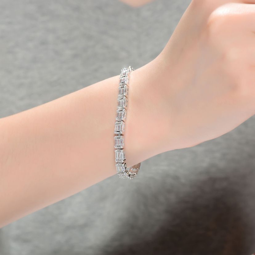 Lab Created Sterling Silver White Gold Plated with Clear Round Cubic Zirconia Cluster Rectangular Link Bracelet