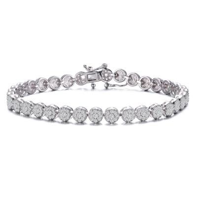 Rozzato Lab Created Sterling Silver White Gold Plated with Cubic Zirconia Cluster Tennis Bracelet