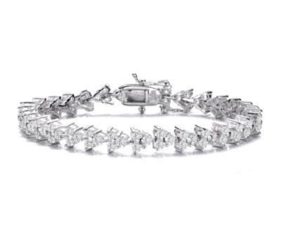 Rozzato Lab Created Sterling Silver White Gold Plated with Clear Round Cubic Zirconia 3-Stone Triangular Link Bracelet