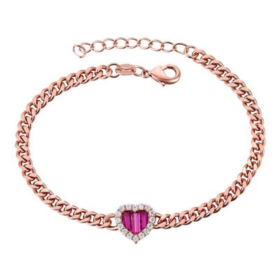 Rozzato Lab Created Sterling Silver 18K Rose Gold Plated with Ruby Red Heart Cubic Zirconia Charm Bracelet