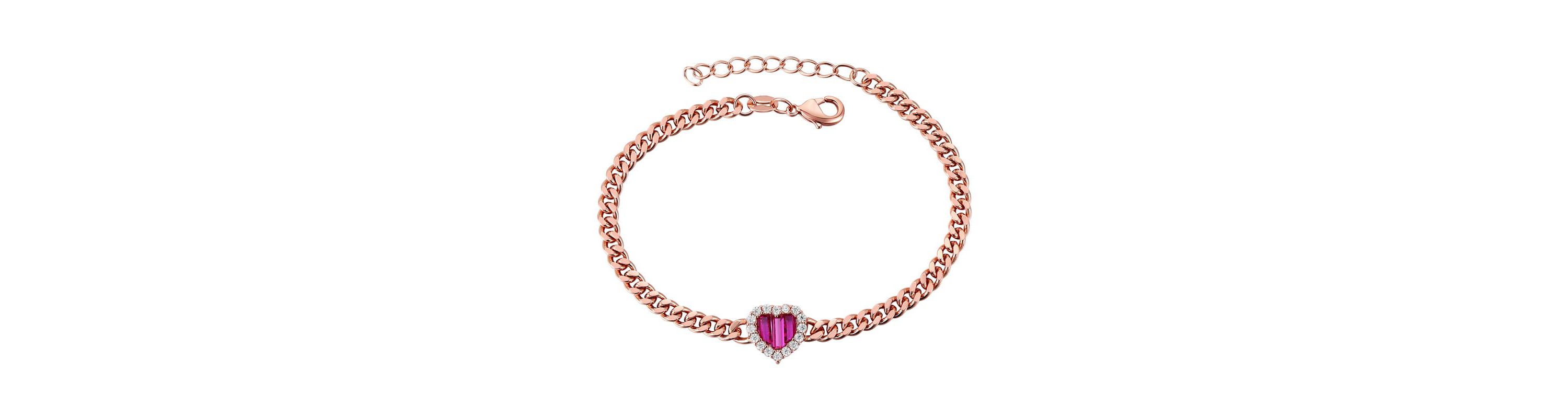 Lab Created Sterling Silver 18K Rose Gold Plated with Ruby Red Heart Cubic Zirconia Charm Bracelet
