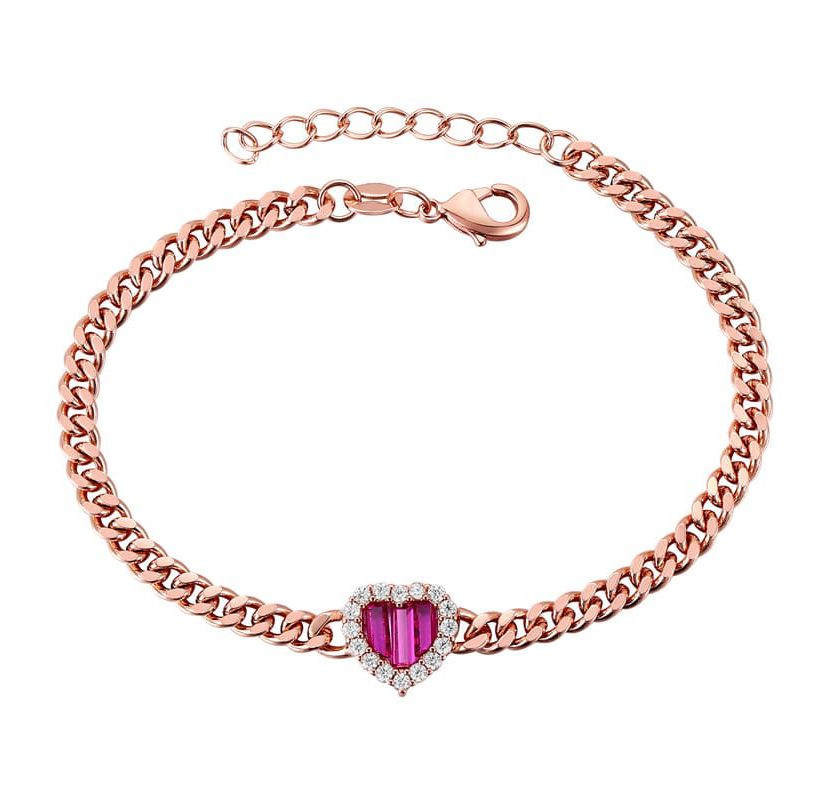 Lab Created Sterling Silver 18K Rose Gold Plated with Ruby Red Heart Cubic Zirconia Charm Bracelet