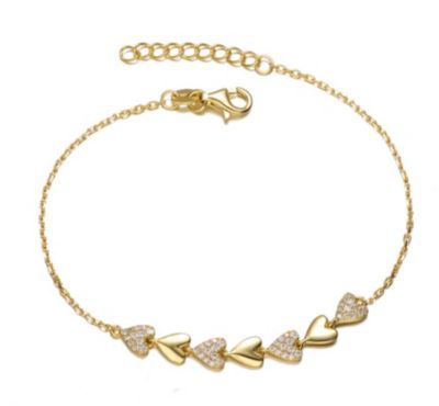 Rozzato Lab Created Sterling Silver 14K Gold Plated with Cubic Zirconia Pave Heart Stampato Link Bracelet