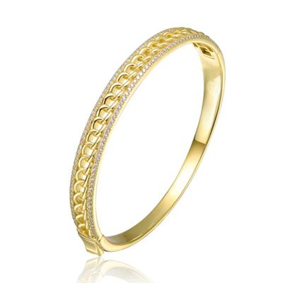 Rozzato Lab Created Sterling Silver 14K Gold Plated with Clear Cubic Zirconia Chain Link Stiff Bangle Bracelet