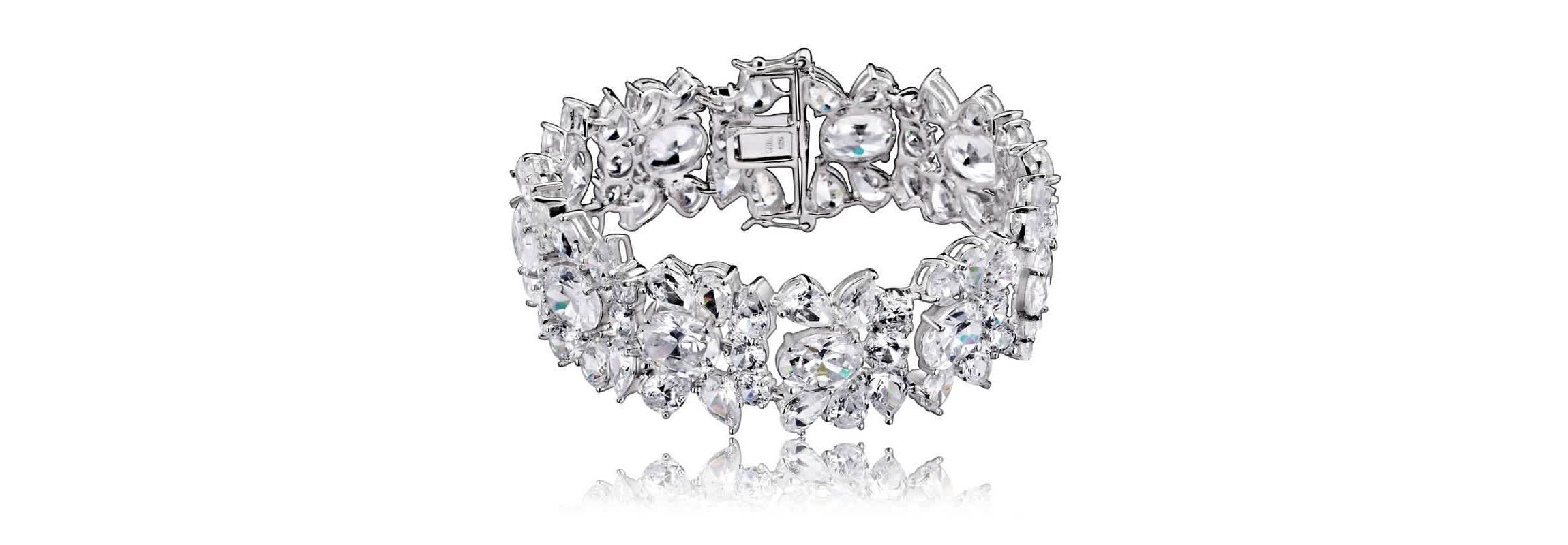 Lab Created Sterling Silver White Gold Plated with Clear Cubic Zirconia Flower Bracelet