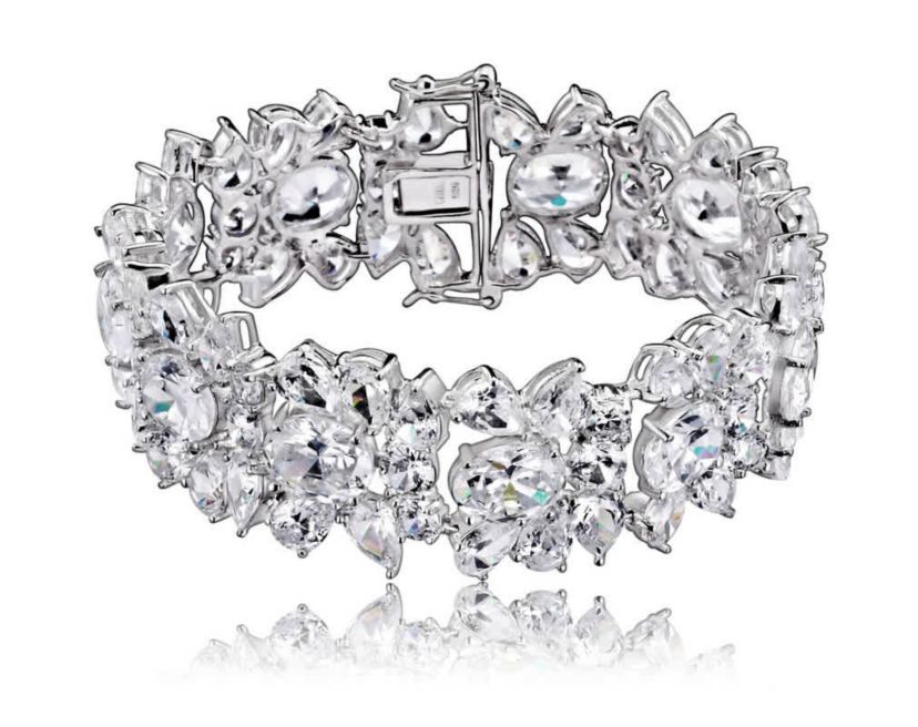 Lab Created Sterling Silver White Gold Plated with Clear Cubic Zirconia Flower Bracelet