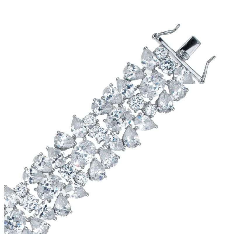Lab Created Sterling Silver White Gold Plated with Clear Cubic Zirconia Flower Bracelet