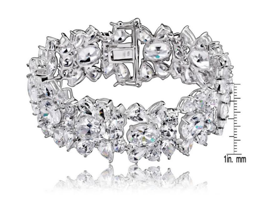 Lab Created Sterling Silver White Gold Plated with Clear Cubic Zirconia Flower Bracelet