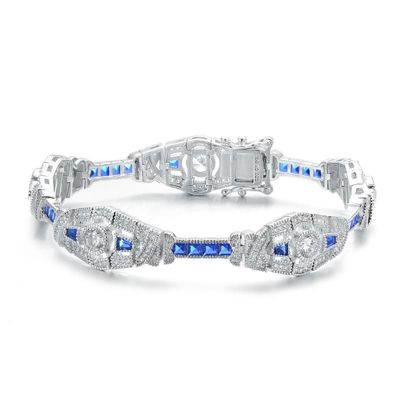 Rozzato Lab Created Sterling Silver White Gold Plated Clear and Blue Cubic Zirconia Oval Link Bracelet