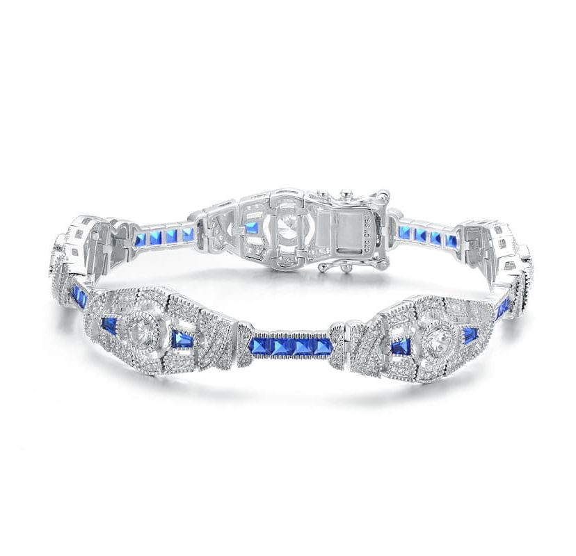 Lab Created Sterling Silver White Gold Plated Clear and Blue Cubic Zirconia Oval Link Bracelet
