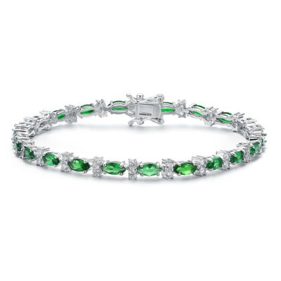 Rozzato Lab Created Sterling Silver White Gold Plated with Clear Round and Green Marquise Cubic Zirconia Tennis Bracelet, 7 in
