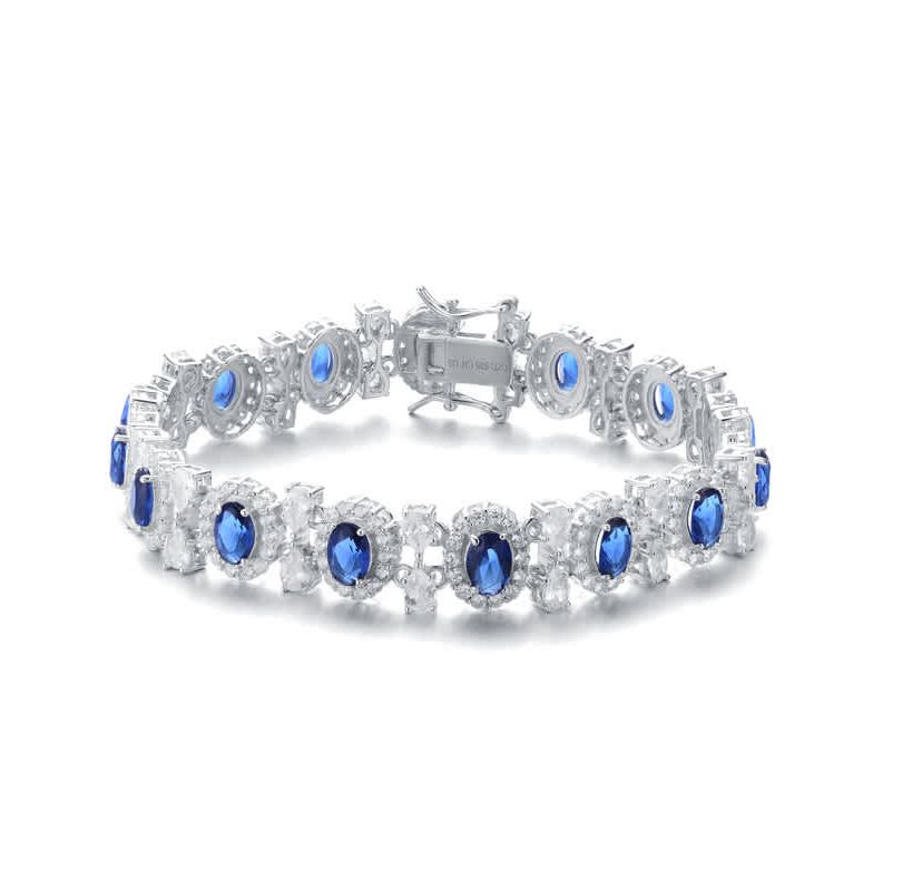 Lab Created Sterling Silver White Gold Plated with Sapphire Blue Cubic Zirconia Bling Bracelet
