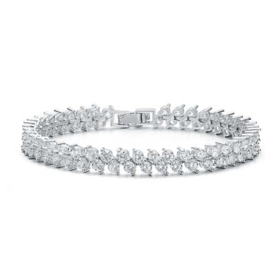 Rozzato Lab Created White Gold Plated With Cubic Zirconia 2-stone Cluster Link Tennis Bracelet