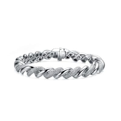 Rozzato Lab Created Sterling Silver White Gold Plated with Clear Round Cubic Zirconia Wavy Twisted Bracelet
