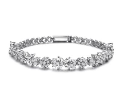 Rozzato Lab Created Sterling Silver White Gold Plated with Clear Round and Marquise Cubic Zirconia Cluster Flower-Inspired Tennis Bracelet