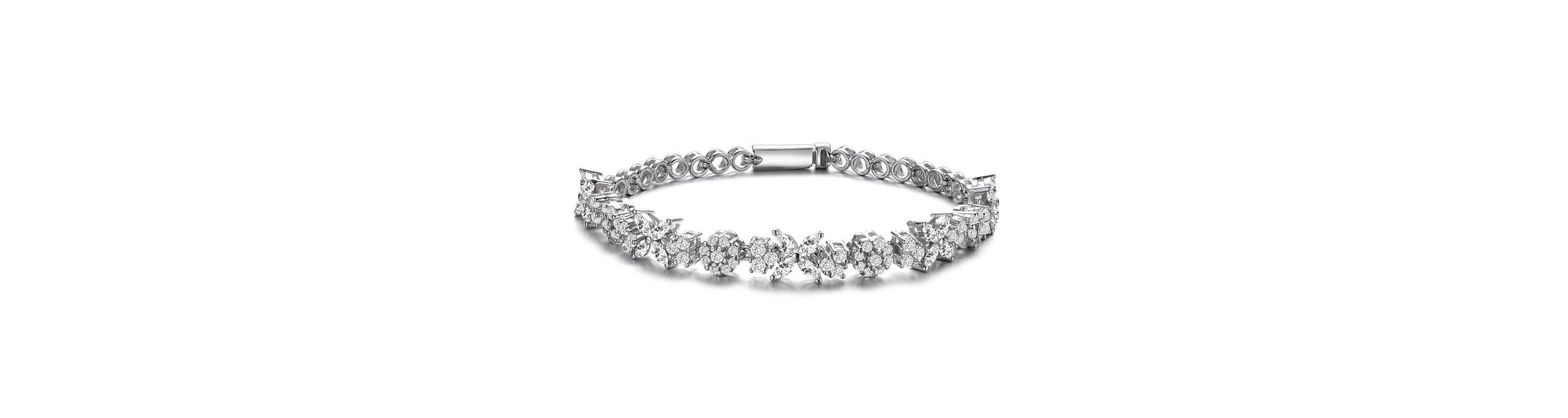 Lab Created Sterling Silver White Gold Plated with Clear Round and Marquise Cubic Zirconia Cluster Flower-Inspired Tennis Bracelet