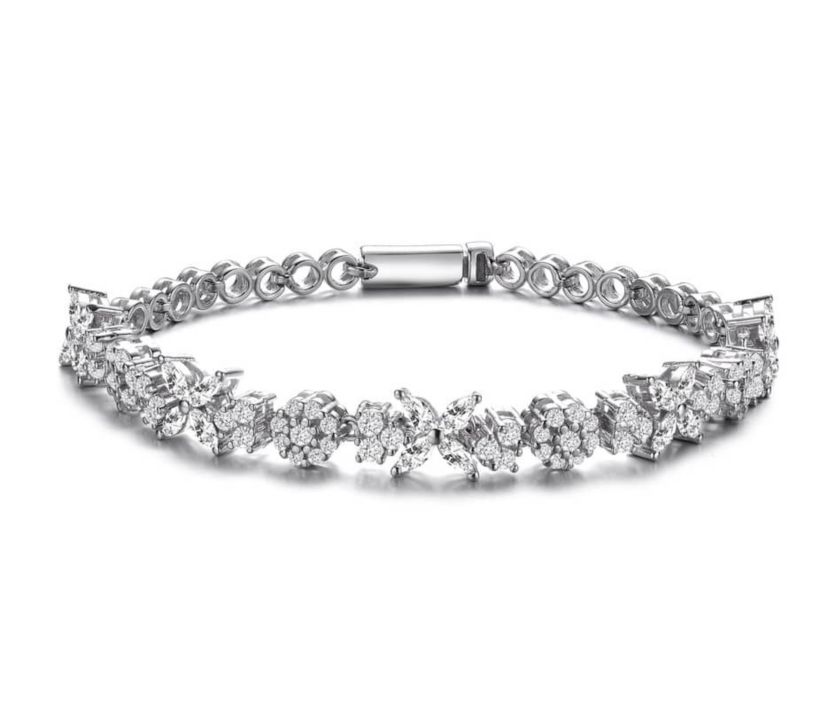 Lab Created Sterling Silver White Gold Plated with Clear Round and Marquise Cubic Zirconia Cluster Flower-Inspired Tennis Bracelet